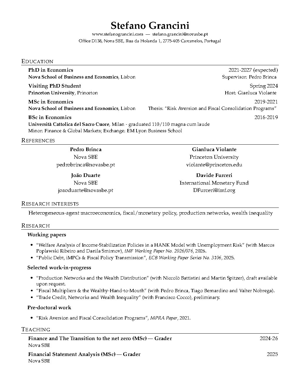 Preview of the first page of Stefano Grancini's curriculum vitae